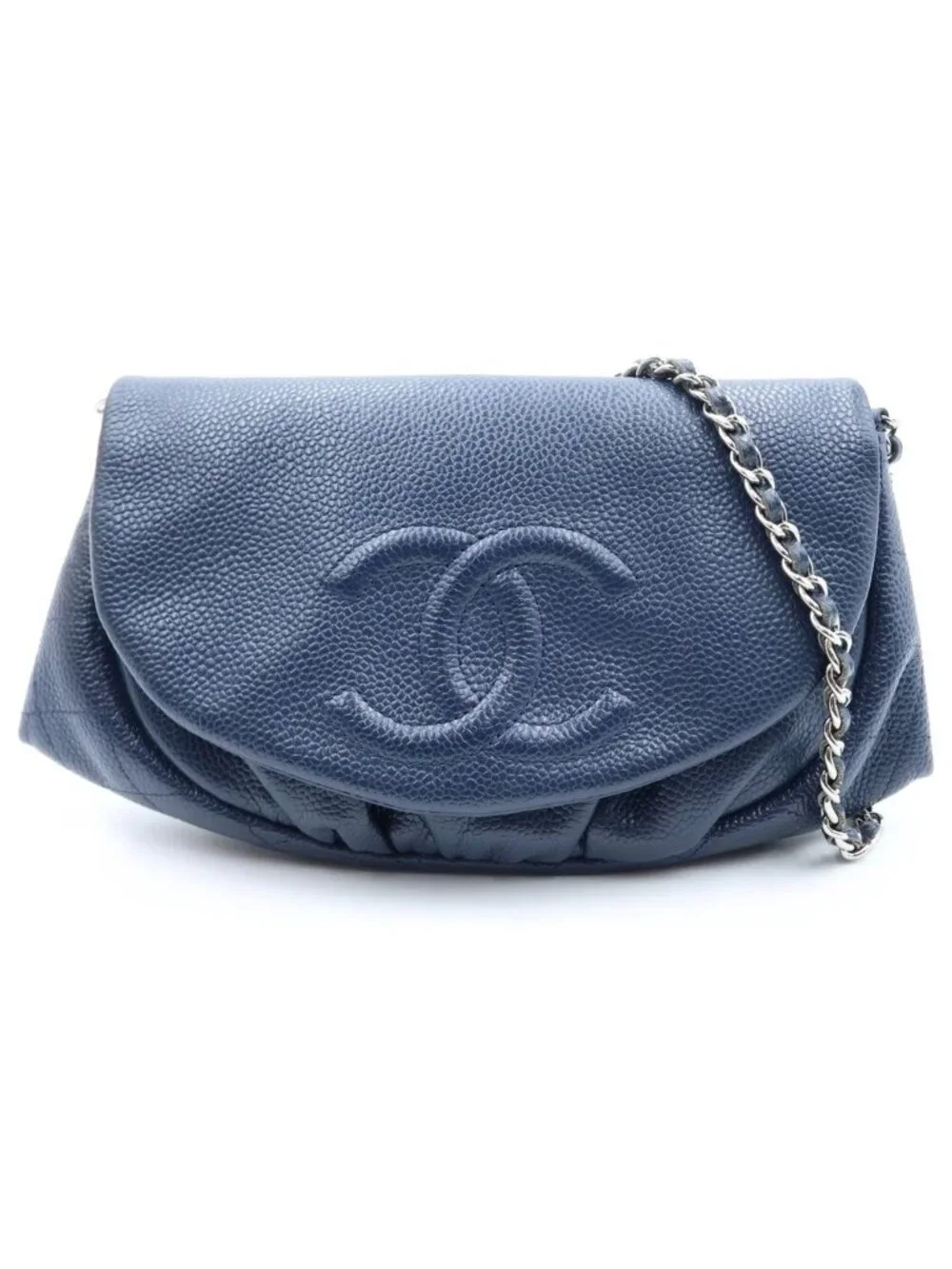 Chanel Half Moon Chain Mini Shoulder Bag Navy Caviar Leather Silver
